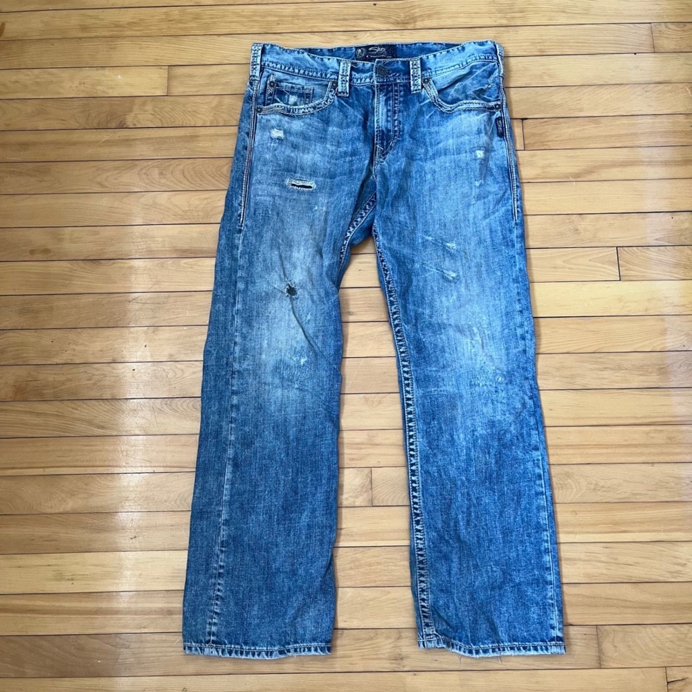 Silver Jeans Co Zac Relaxed Straight Leg Distressed Blue Denim Mens 36x34